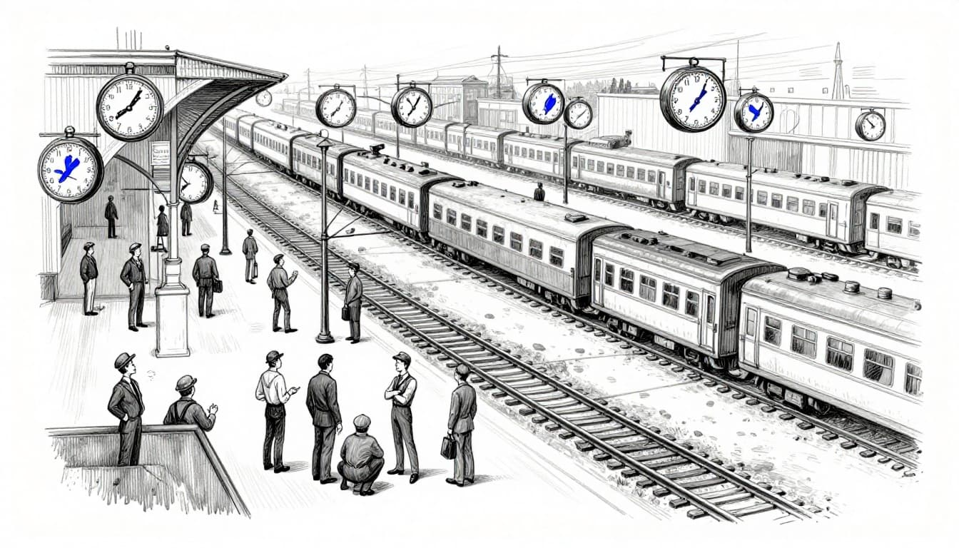 Hand-drawn graphite sketch of a 19th-century train station in chaos, featuring multiple clocks showing different times, two engineers arguing over schedules, and trains on tracks receding into the distance.