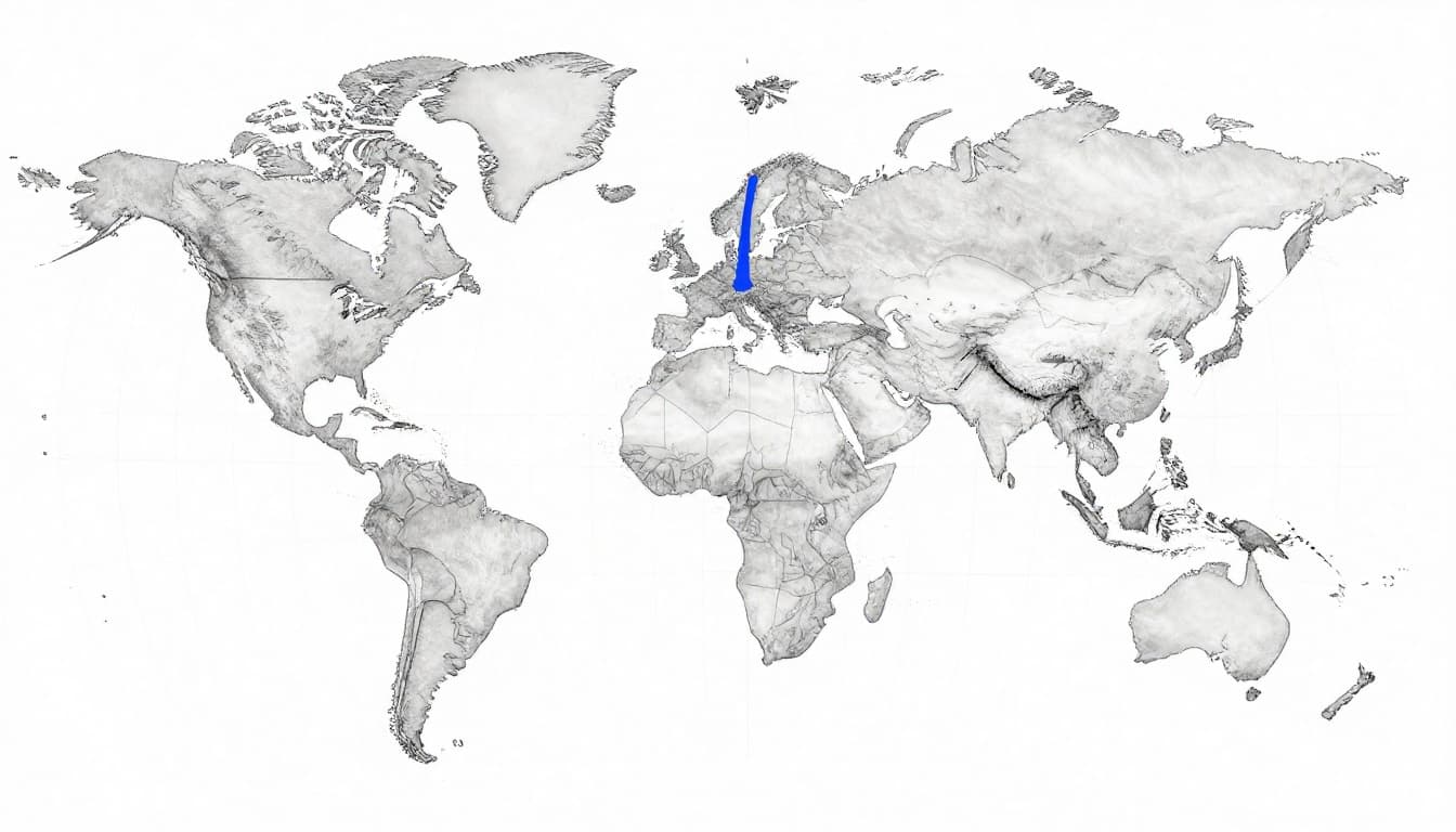 Hand-drawn sketch of a world map divided into 24 time zones radiating from the Greenwich meridian, with simple longitude lines every 15 degrees and faint country borders. Central focus on Europe and North America, graphite linework, light shading on clean light gray paper background.