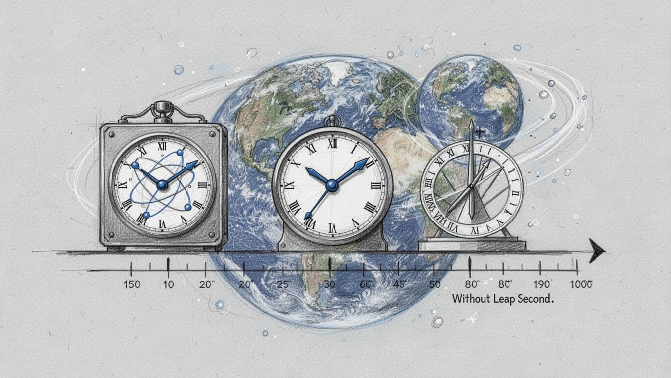 Hand-drawn sketch of an atomic clock and sundial perfectly aligned on a steady timeline without leap second interruptions, with Earth rotating smoothly in the background on clean light gray paper.