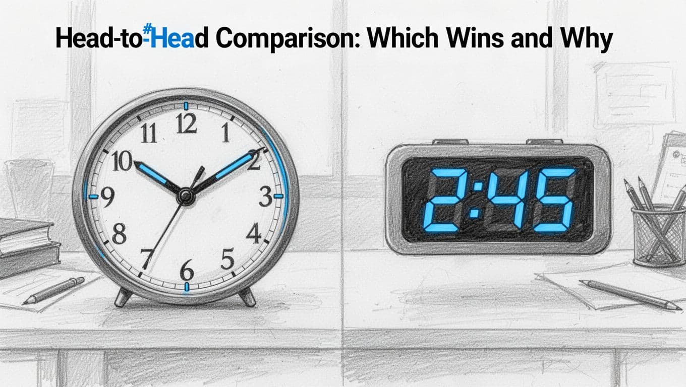 Side-by-side hand-drawn sketch of an analog clock at 2:45 on the left and digital clock showing 2:45 on the right, both on a neutral office desk with graphite linework, light shading, and blue accents.