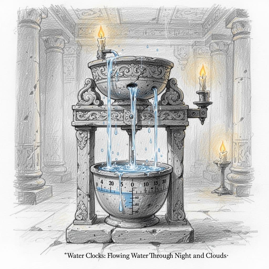 Hand-drawn graphite sketch of an ornate ancient clepsydra water clock in a candlelit temple interior, depicting water dripping from the upper bowl to the lower marked bowl at halfway level with blue accent on water flow.