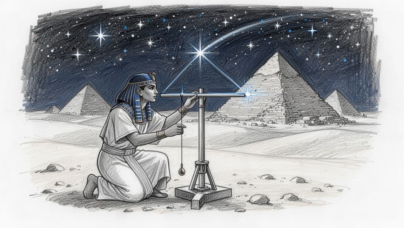 Hand-drawn sketch of a kneeling ancient Egyptian astronomer in the desert night, using a merkhet with plumb line to align with Polaris and observe a crossing star, starry sky above pyramids.
