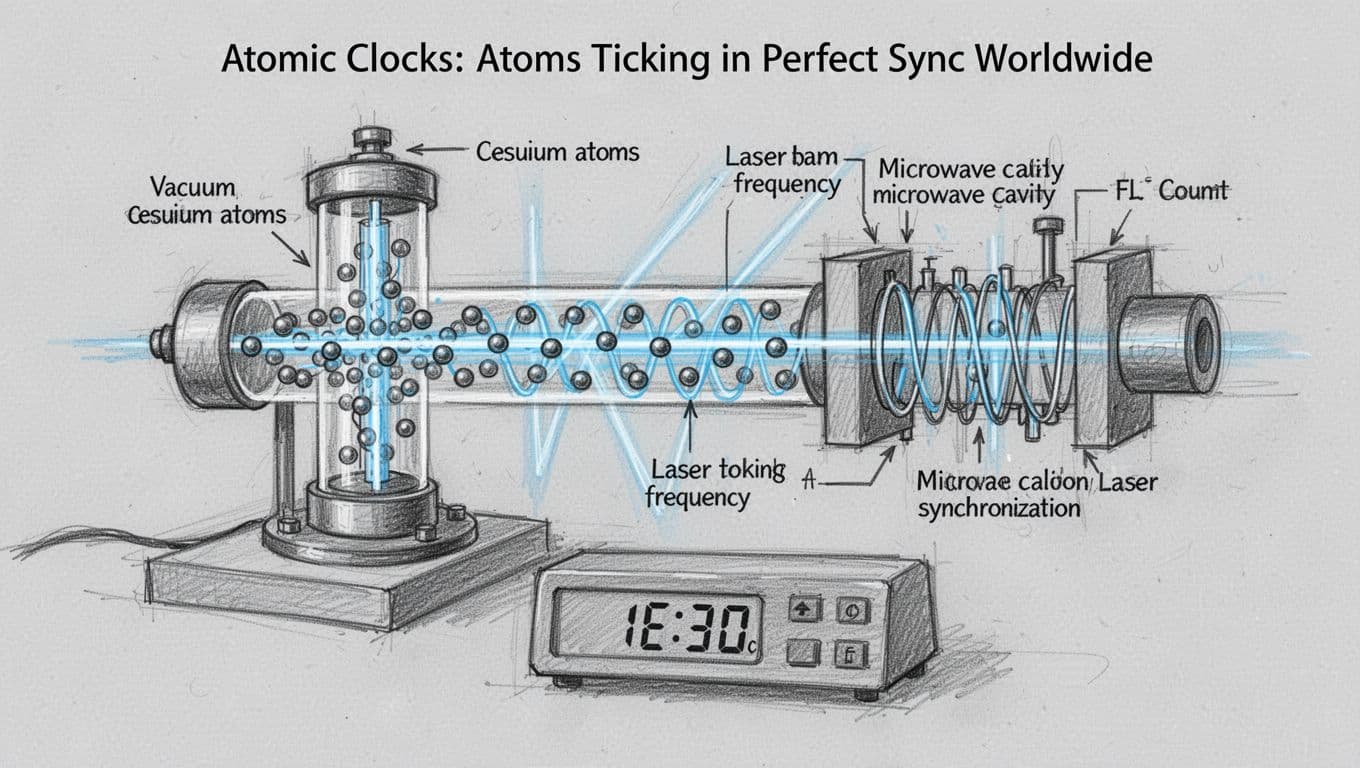 Hand-drawn graphite sketch of a cesium atomic clock setup with vacuum tube, laser beams locking frequency on oscillating atoms, microwave cavity, and digital counter on light gray background.