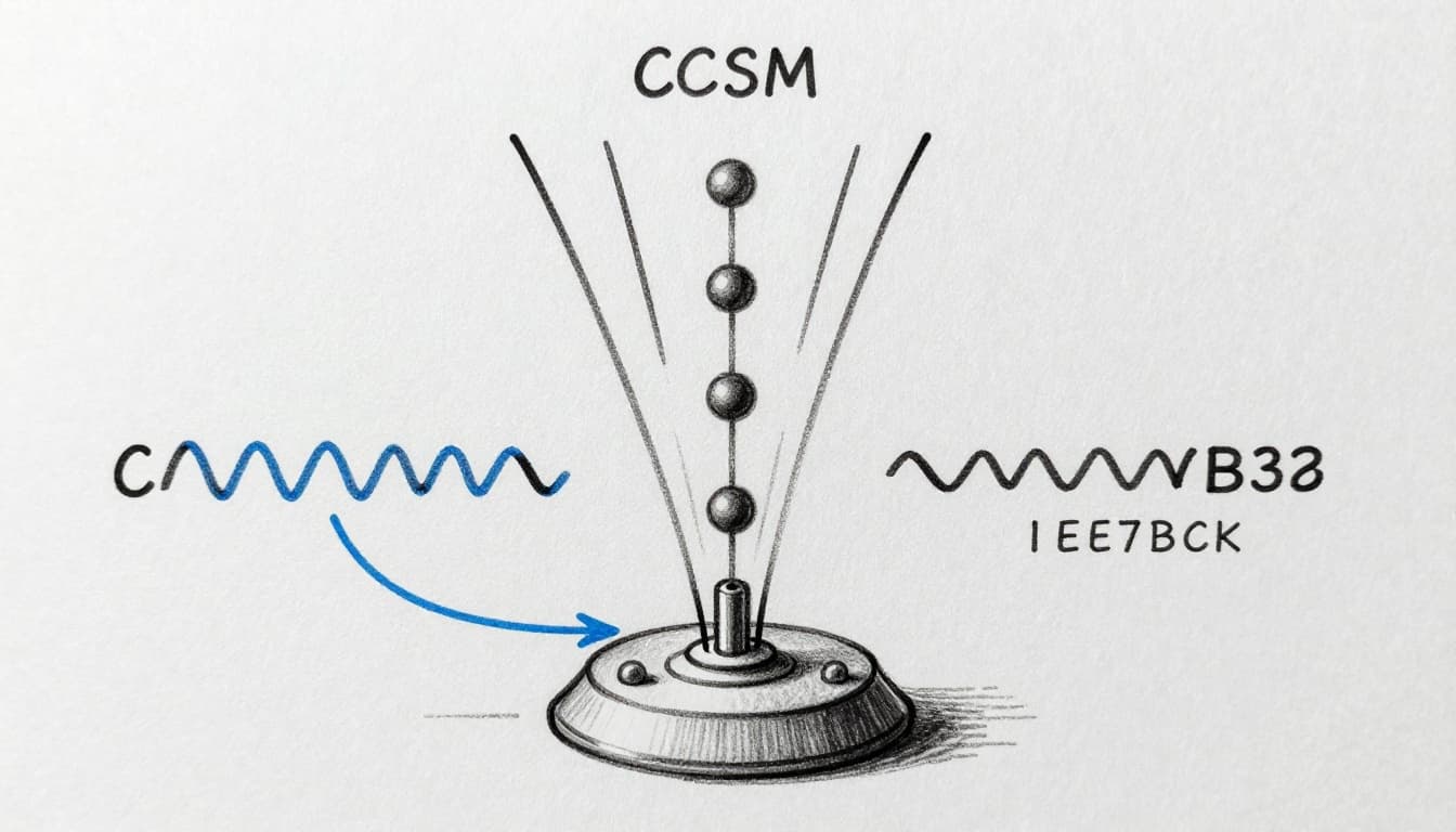 Diagram illustrating cesium atoms in a fountain clock: atoms cooled and launched upward, microwaves tuned to resonance causing electron jumps, and feedback loop to quartz oscillator. Simple hand-drawn sketch-style line diagram with process flow arrows.