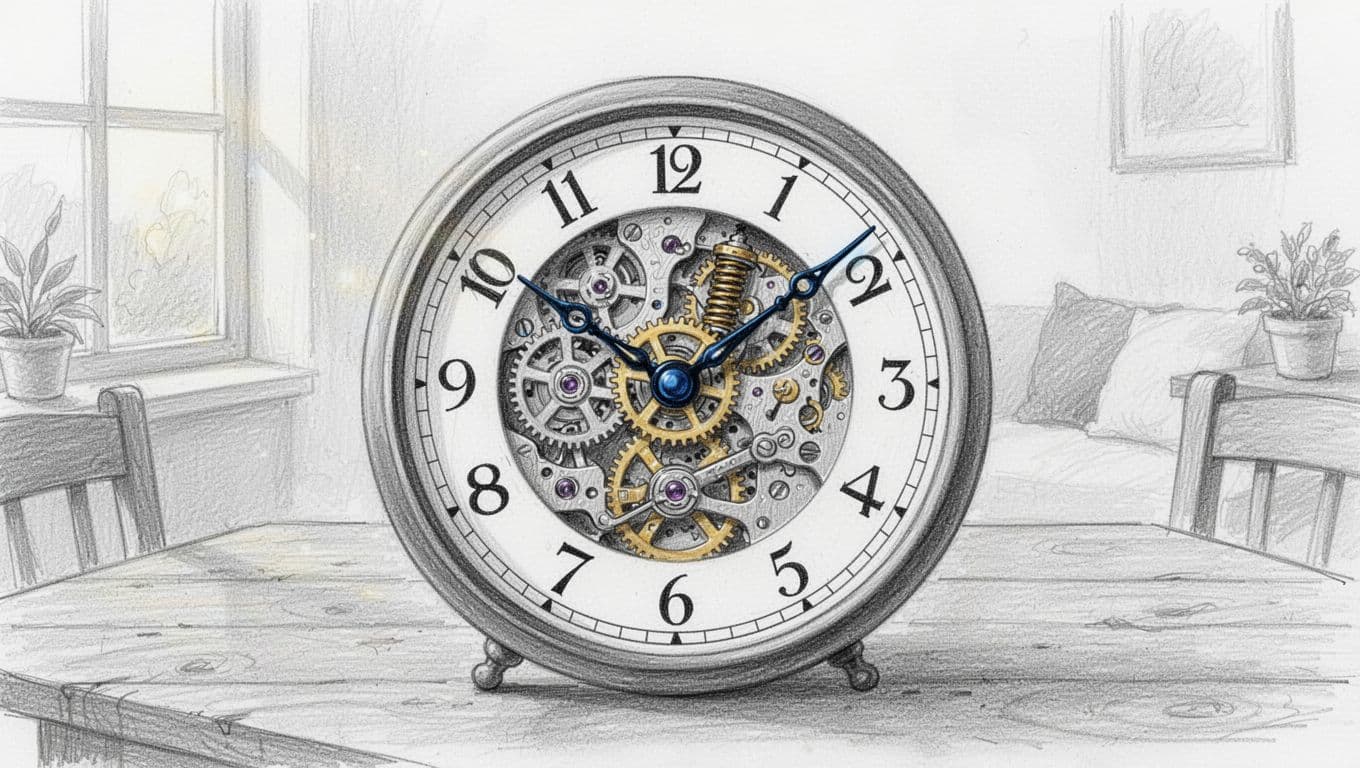 Close-up hand-drawn sketch of a traditional analog clock showing hands at 3:15 and visible gears, spring mechanism through cutaway view on a wooden table.