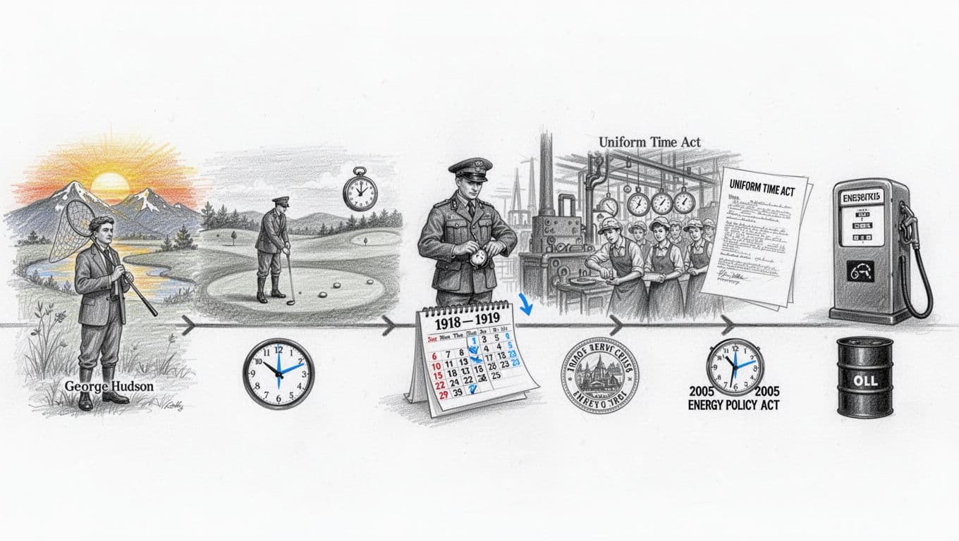 Hand-drawn graphite sketch on white paper showing a timeline of Daylight Saving Time milestones, from George Hudson in New Zealand to 2005 Energy Policy Act, connected by a thin line with icons featuring exactly one person each.