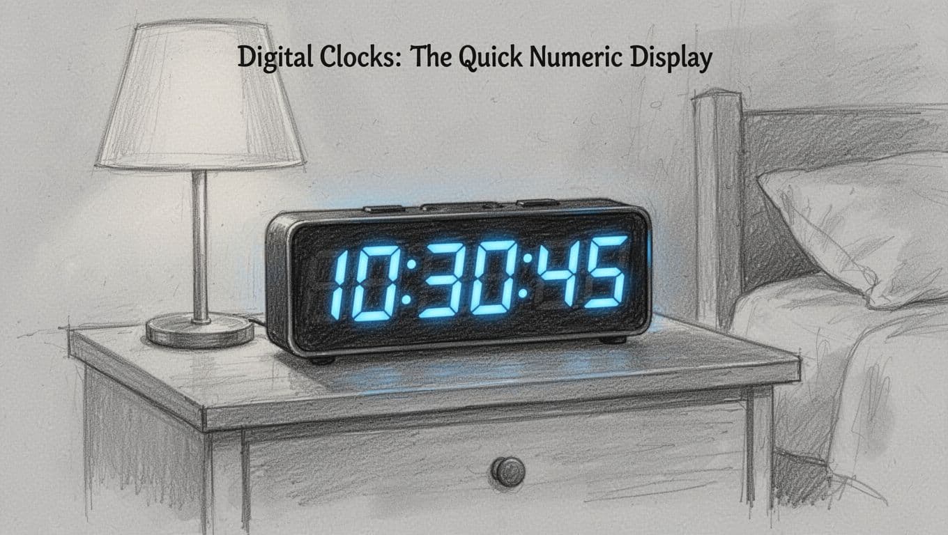 Hand-drawn graphite sketch of a digital clock displaying 10:30:45 with glowing blue digits on a nightstand in dim bedroom lighting, simple bedside setting.
