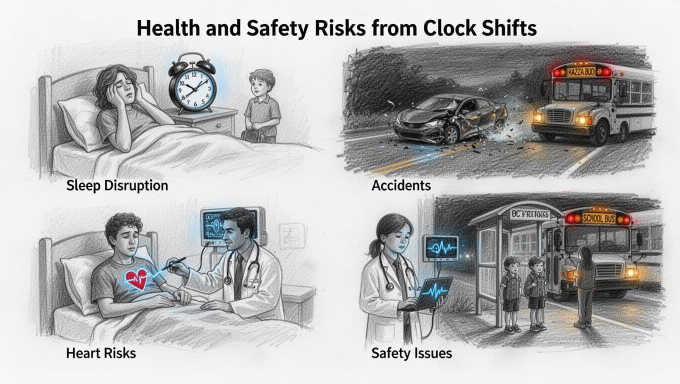 Hand-drawn graphite sketch on white paper featuring four vignettes of DST drawbacks: sleep disruption with a tired person and alarm clock, car crash on dark road, doctor monitoring heart risks, and kids at predawn bus stop for safety issues. Loose connected landscape composition in monochrome with subtle blue accents, light shading, one person per vignette.