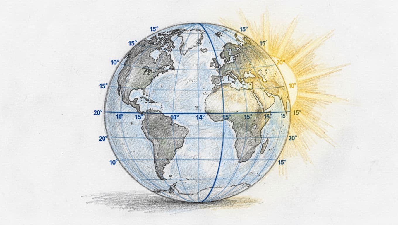 Hand-drawn graphite sketch of a centered Earth globe displaying longitude lines every 15 degrees from the Prime Meridian at Greenwich, sunlit eastern side showing the day-night divide, meridians in blue accent.