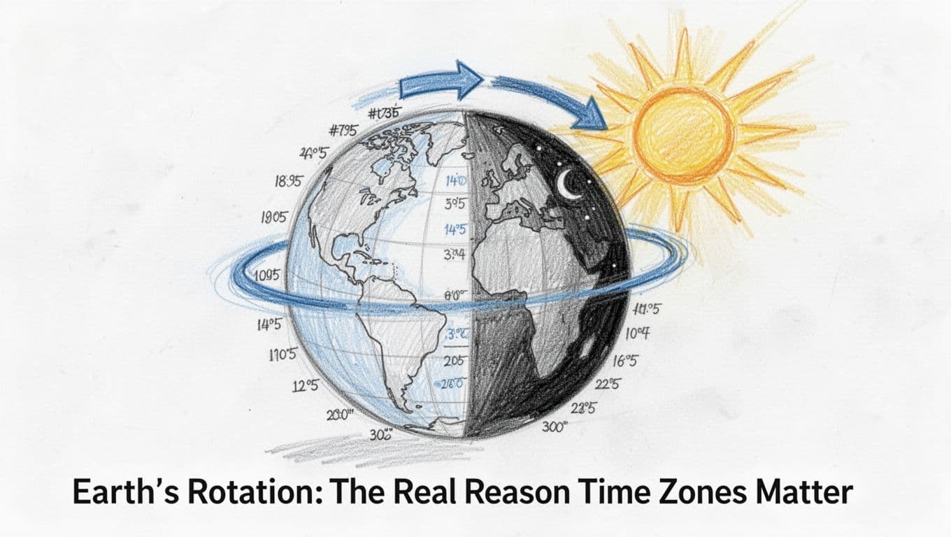 Hand-drawn graphite sketch of Earth globe spinning on its axis toward the sun, one side illuminated with time zone shading gradient, the other in darkness, accented rotation arrow and sun rays in blue.