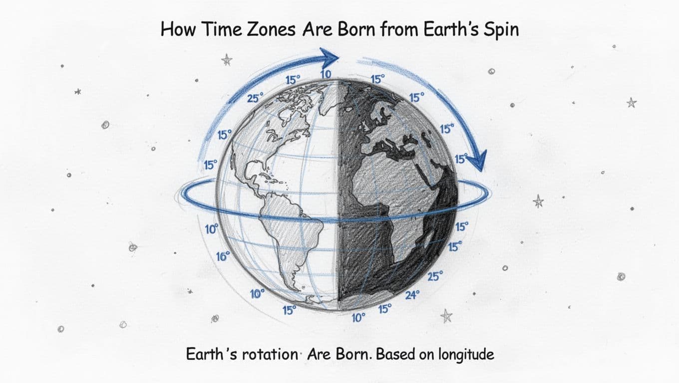 Hand-drawn sketch of Earth globe rotating on its axis in space, with longitude lines every 15 degrees highlighted and a curved arrow indicating rotation direction, showing half in sunlight and half in shadow for the day-night cycle.