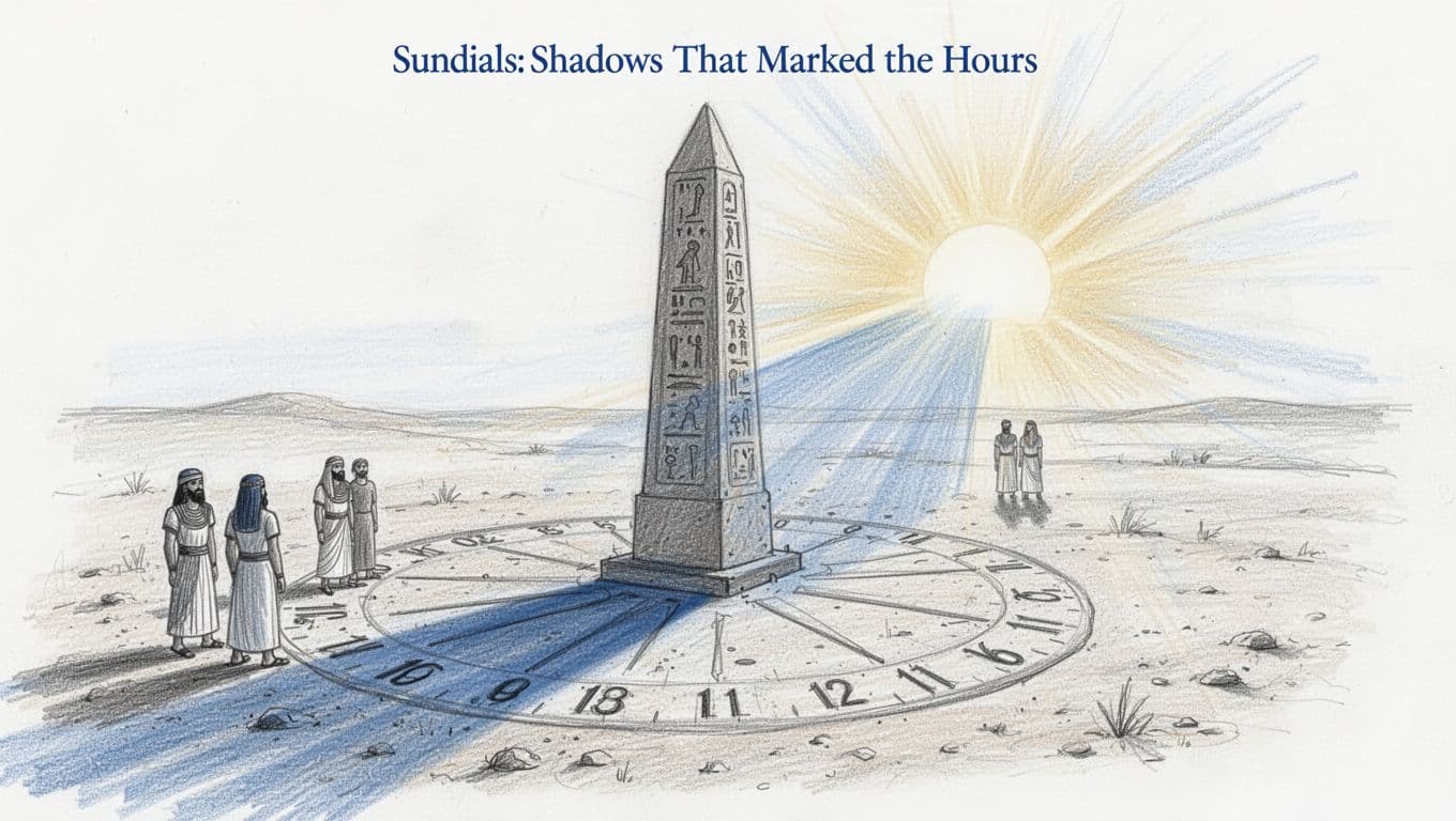 Large Egyptian obelisk casting a long morning shadow on sandy ground with etched hour markings, observed by two distant ancient people, in hand-drawn graphite sketch style.