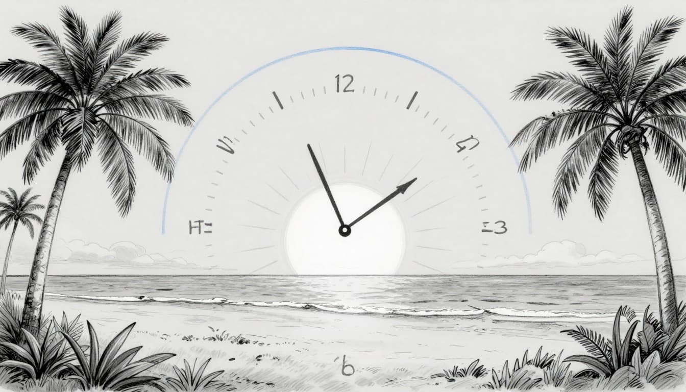 Hand-drawn sketch of equatorial landscape with palm trees, ocean horizon, and analog clock showing steady hands between consistent sunrise and sunset markers, illustrating year-round 12-hour daylight.