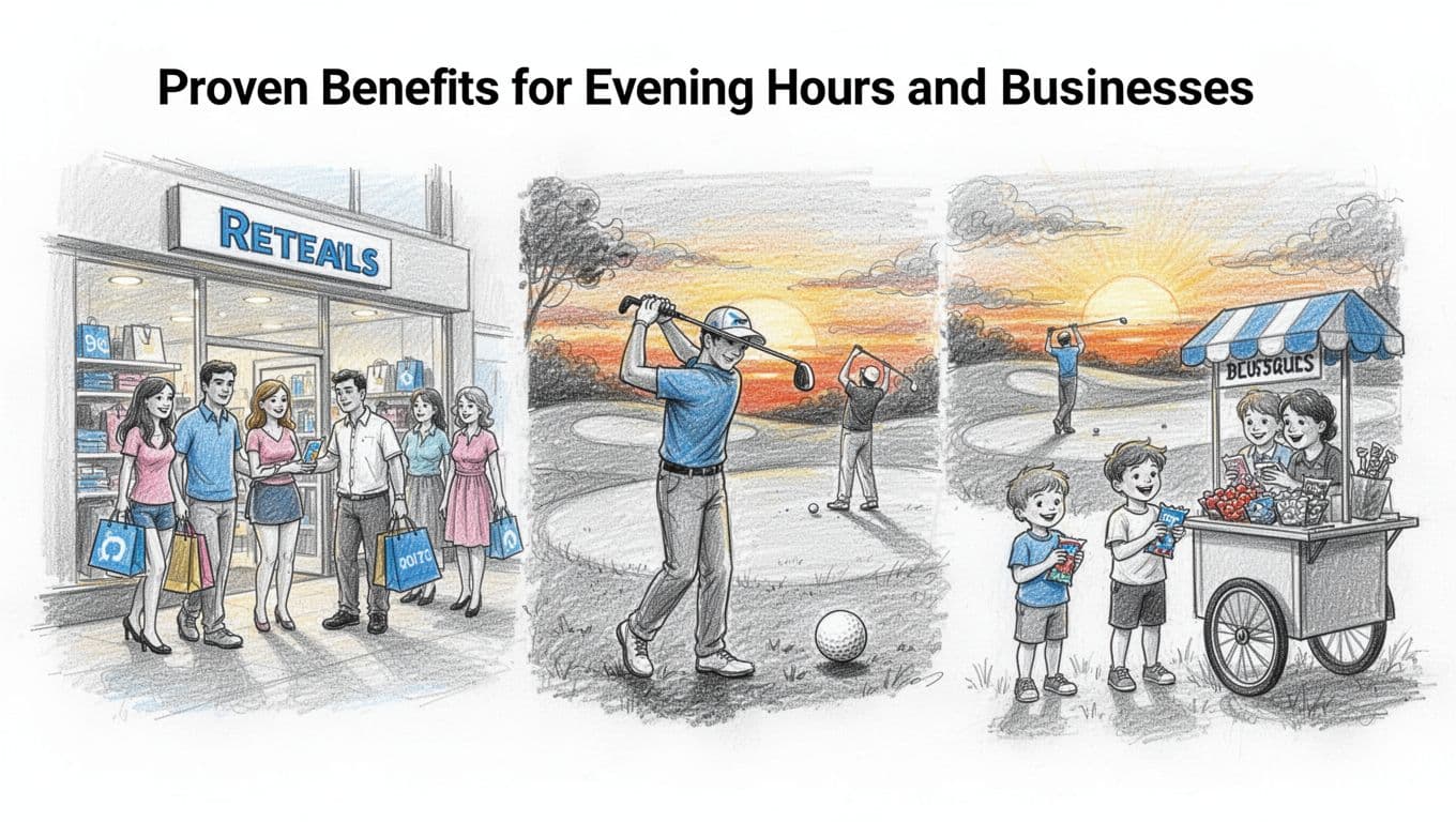 Hand-drawn graphite sketch on white paper depicting three lively evening scenes: families shopping at a retail store, golfers on a sunset course, and kids buying candy from a vendor.