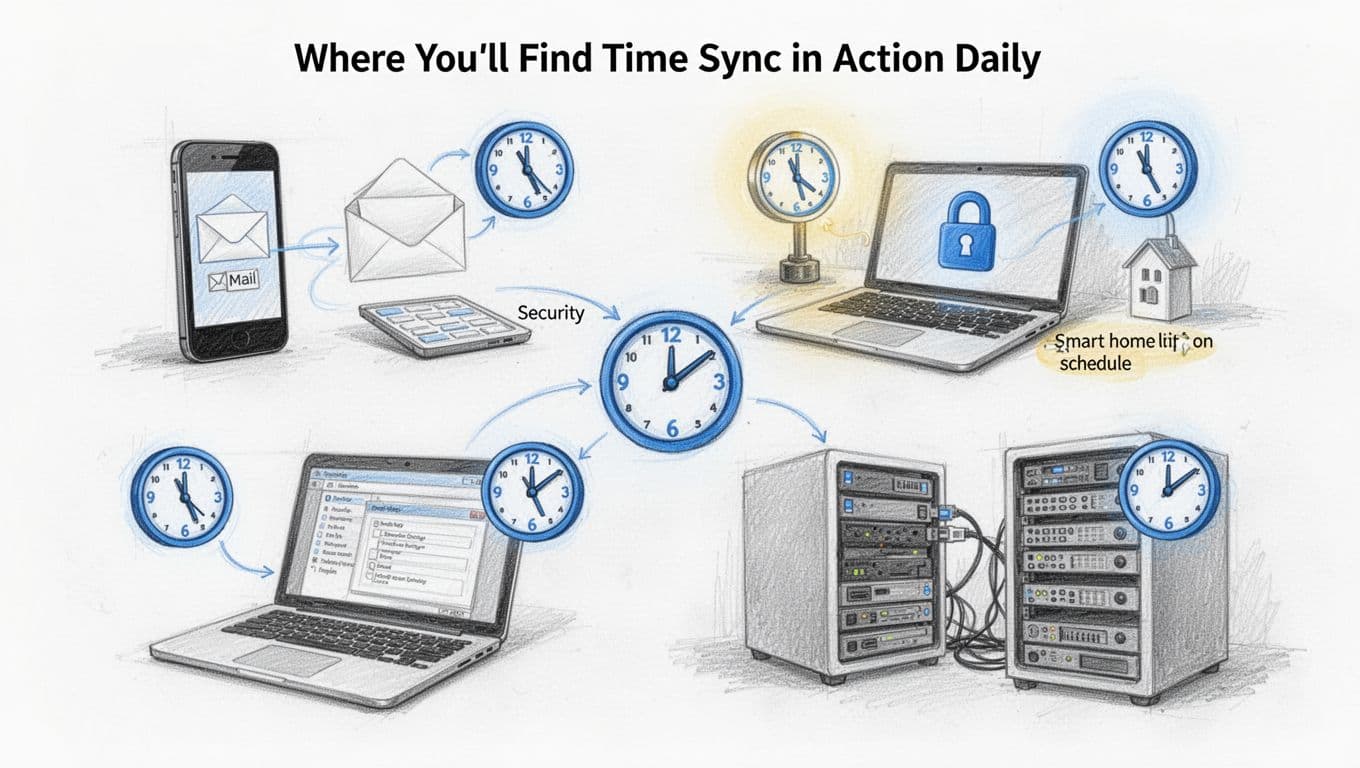 Hand-drawn sketch featuring four scenes of everyday devices—smartphone receiving email, laptop with security lock, smart home lights on schedule, and server logging events—all with synced clock icons in a grid composition on white background.