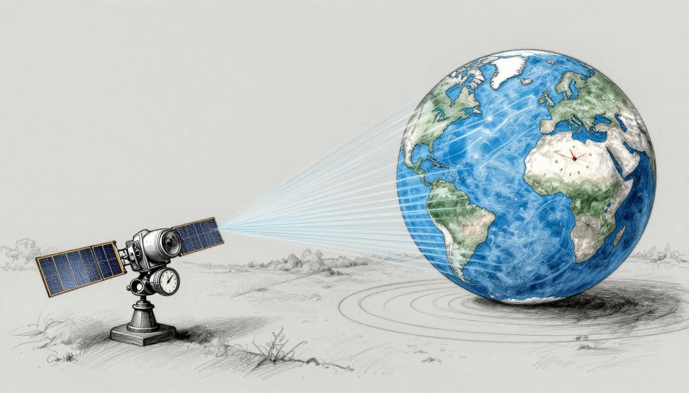 Graphite linework sketch of GPS satellite network with ground clocks and atomic clocks syncing precise time signals.