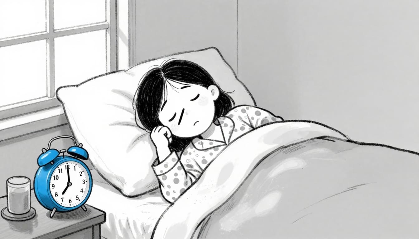 Single person in pajamas looking groggy while turning clock hands forward for spring time change, alarm clock beside rumpled bed, morning light through window. Hand-drawn sketch style with graphite linework, light shading, clean light gray paper background. Use #1E73BE accent on clock face. Exactly one person with relaxed hands not gripping tightly, no extra limbs, no other humans.