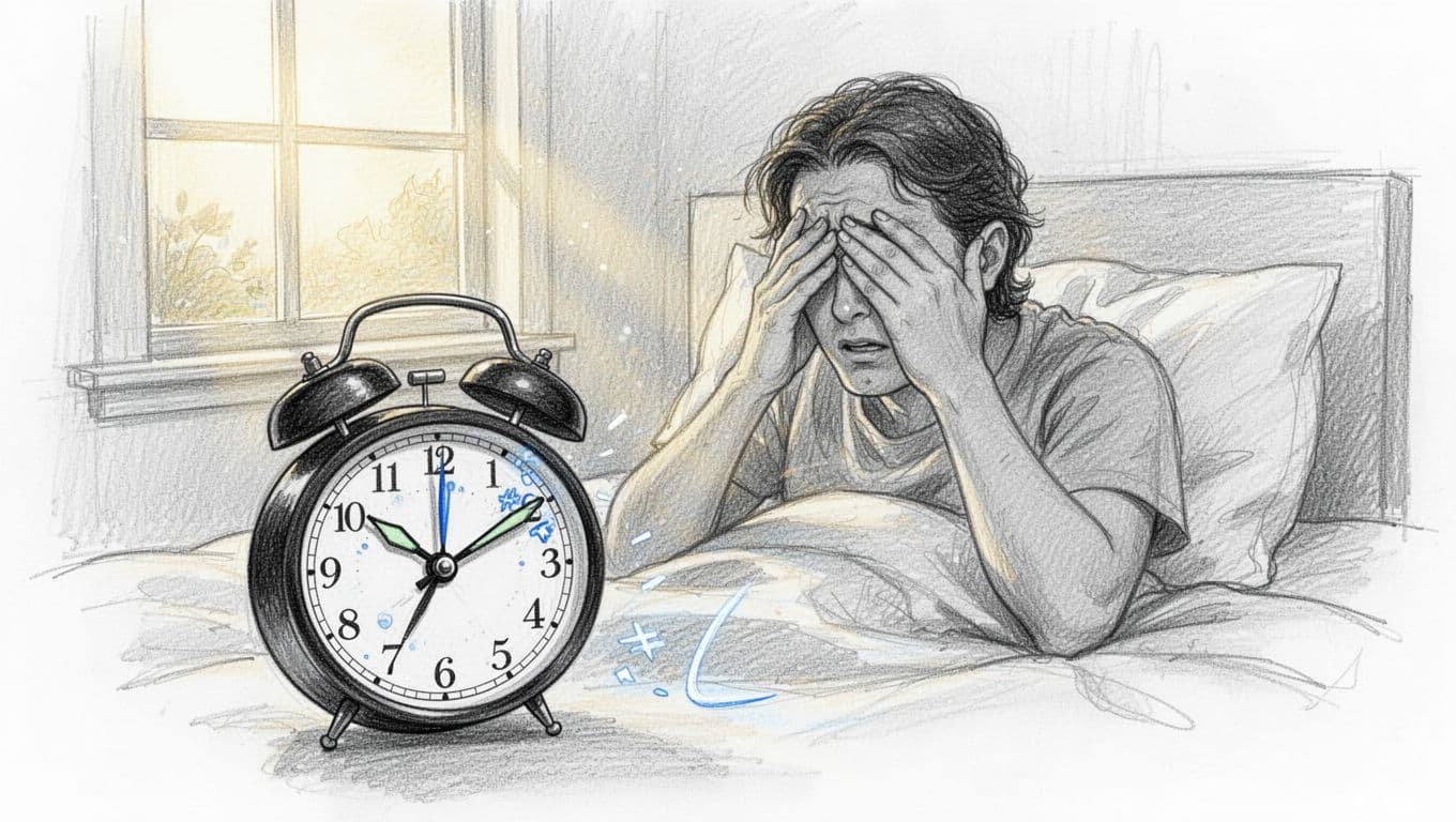 Hand-drawn sketch of a person in bed waking up groggy to an alarm clock showing the Daylight Saving Time spring forward change, with morning sunlight streaming through the window in a simple bedroom.