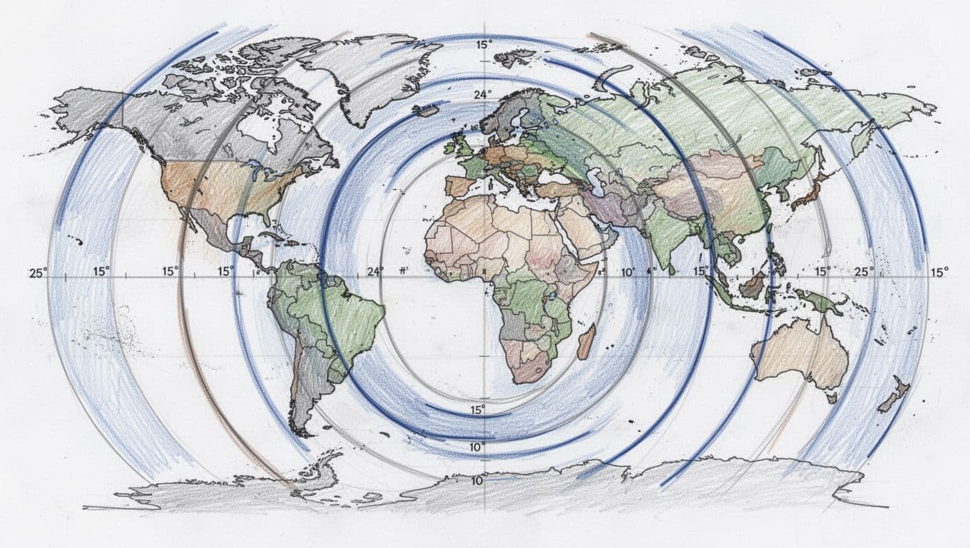 Hand-drawn graphite sketch on white paper showing world map outline divided into 24 time zones by 15-degree meridians from Greenwich, with subtle shading per zone, blue boundary lines, and adjustments for political borders focusing on the Pacific.