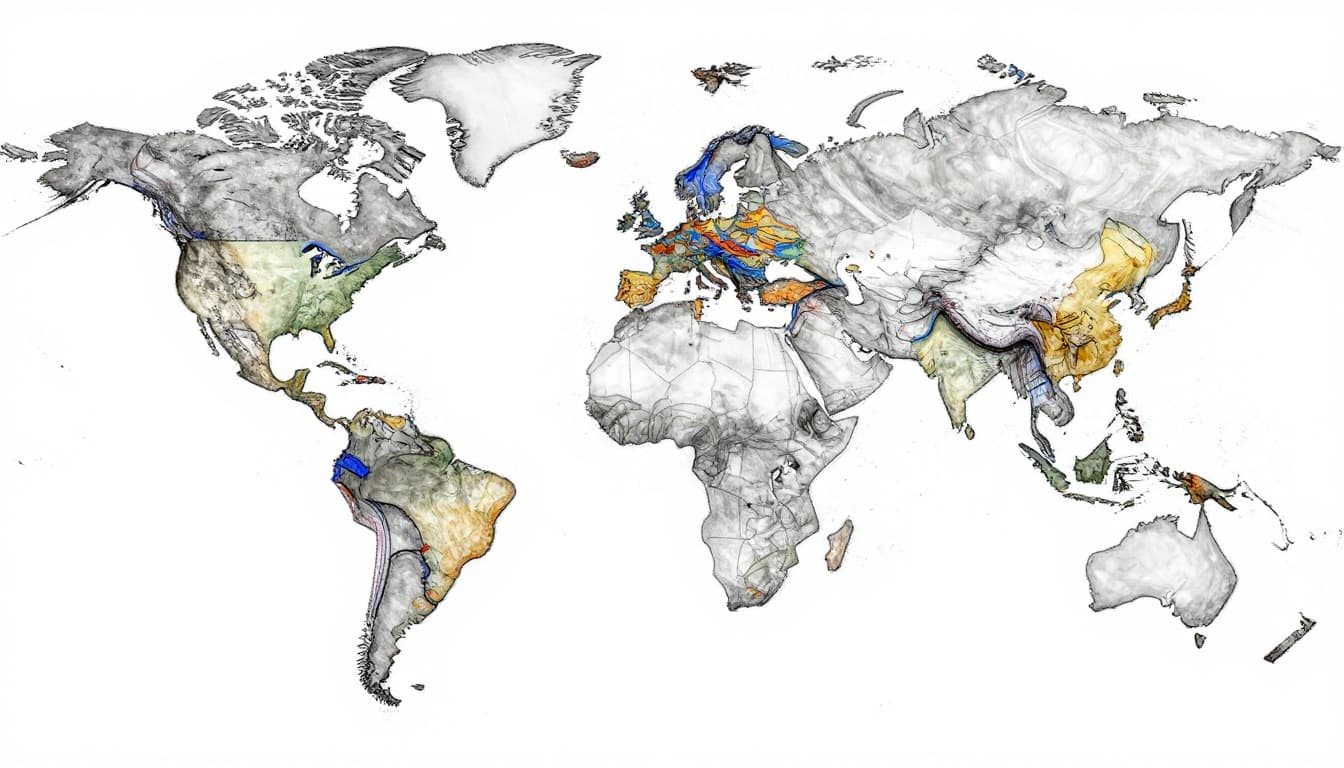 Hand-drawn sketch of a centered world map highlighting over 40 irregular time zones with snaking colored boundary lines across countries and oceans, using graphite linework, light shading on landmasses, and #1E73BE accent color on select boundaries against a clean white background.