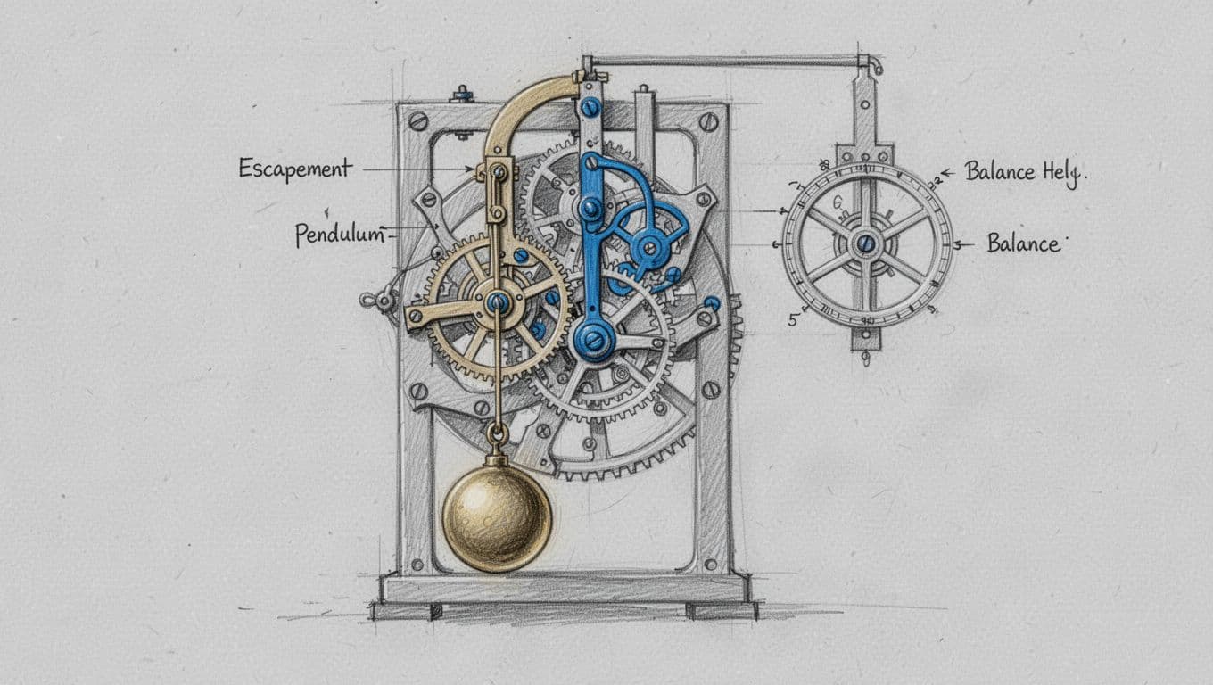 Hand-drawn sketch on light gray paper depicting a pendulum clock escapement mechanism with gears, swinging pendulum, and nearby balance wheel for comparison.