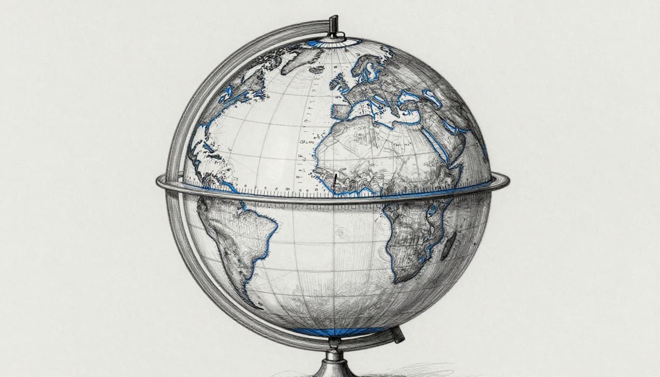 Hand-drawn graphite sketch of Earth globe rotated to display longitude lines dividing into 24 time zones and highlighted meridians, with 1800s train tracks and telegraph wires in the foreground on a light gray paper background.