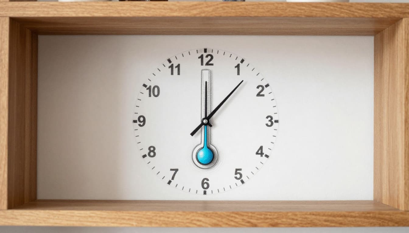 Hand-drawn graphite sketch of a wall clock on a wooden shelf in a sunny hot room, with a thermometer reading 90F nearby, showing subtle symbolic expansion on the pendulum and slightly misaligned hands.