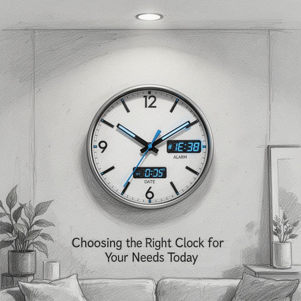 Hand-drawn graphite sketch of a modern hybrid clock with analog face and digital date, alarm indicators, hanging on a contemporary wall in a clean home interior with soft overhead lighting.