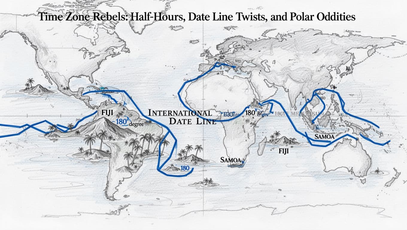 Hand-drawn graphite sketch of the zigzagging International Date Line along the 180° meridian in the Pacific Ocean, avoiding island groups with light shading on water and islands. Landscape composition focused on Fiji to Samoa region, clean white background, blue line path.