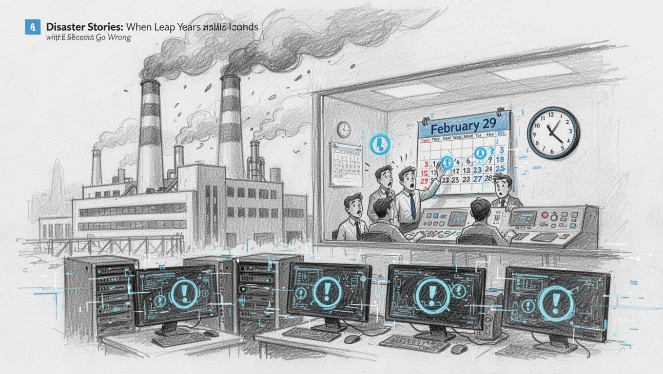 Hand-drawn sketch of an industrial factory suddenly shutting down due to a leap day system failure, featuring confused workers in the control room staring at a February 29 calendar and a clock, with glitching computers showing error icons.