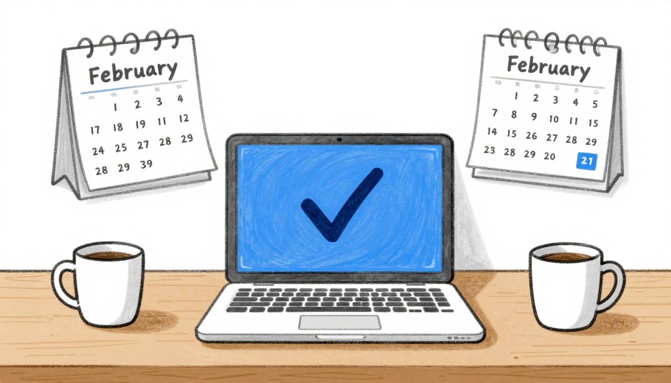 Hand-drawn sketch of a laptop on a wooden desk next to a February wall calendar showing 29 days, with the laptop screen displaying an abstract leap year checkmark symbol, accompanied by a coffee mug, evoking smooth leap year detection in programming like Python's calendar.isleap.