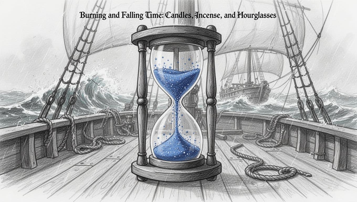Hand-drawn graphite sketch of a medieval hourglass on a wooden ship deck during a stormy sea voyage, with sand flowing halfway in the upper bulb, waves and sails in the background, emphasizing stability. Light shading on white background, no text or people.