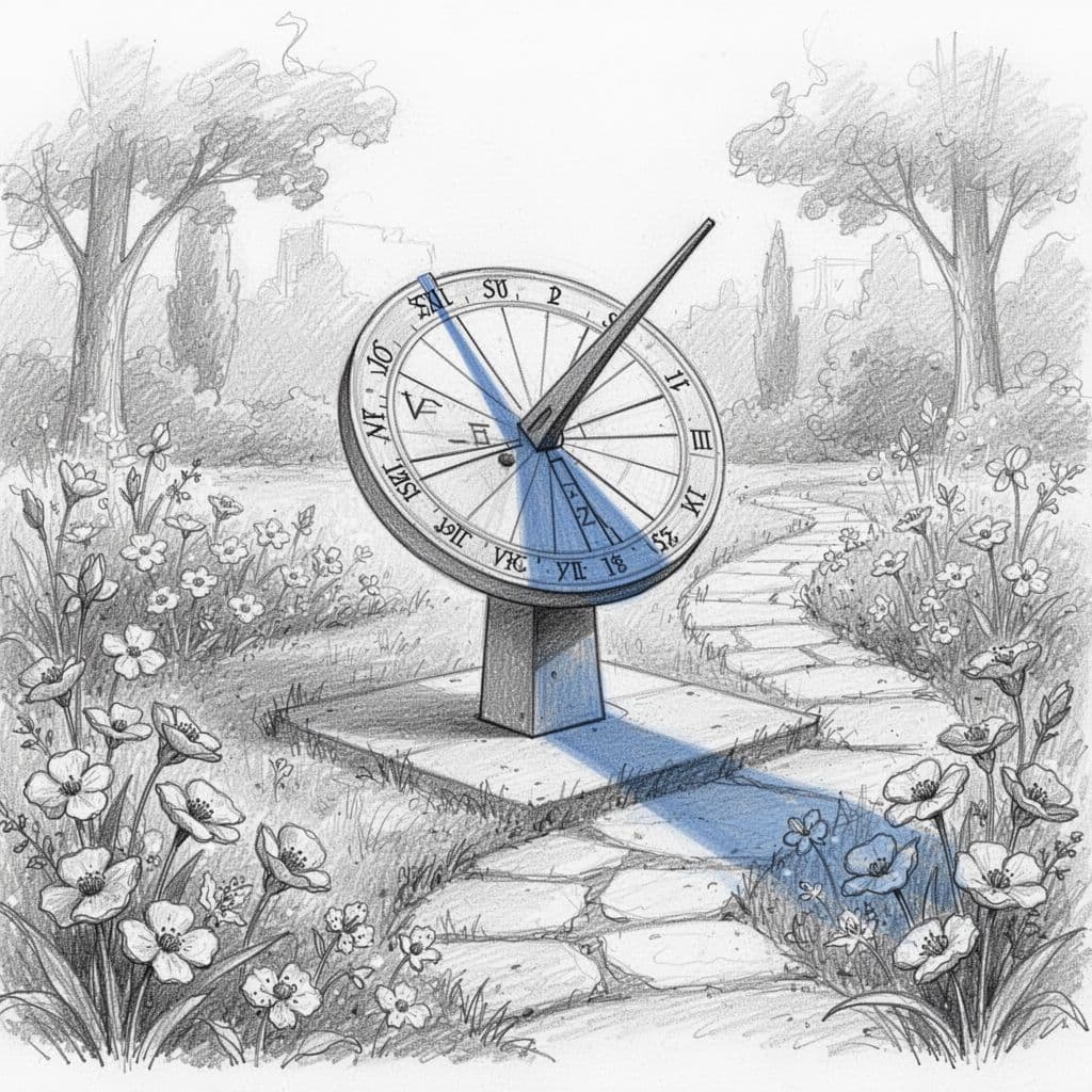 Hand-drawn sketch of a modern garden sundial with shadow pointing to the hour, surrounded by flowers and path, subtle ancient influence, light shading white background.