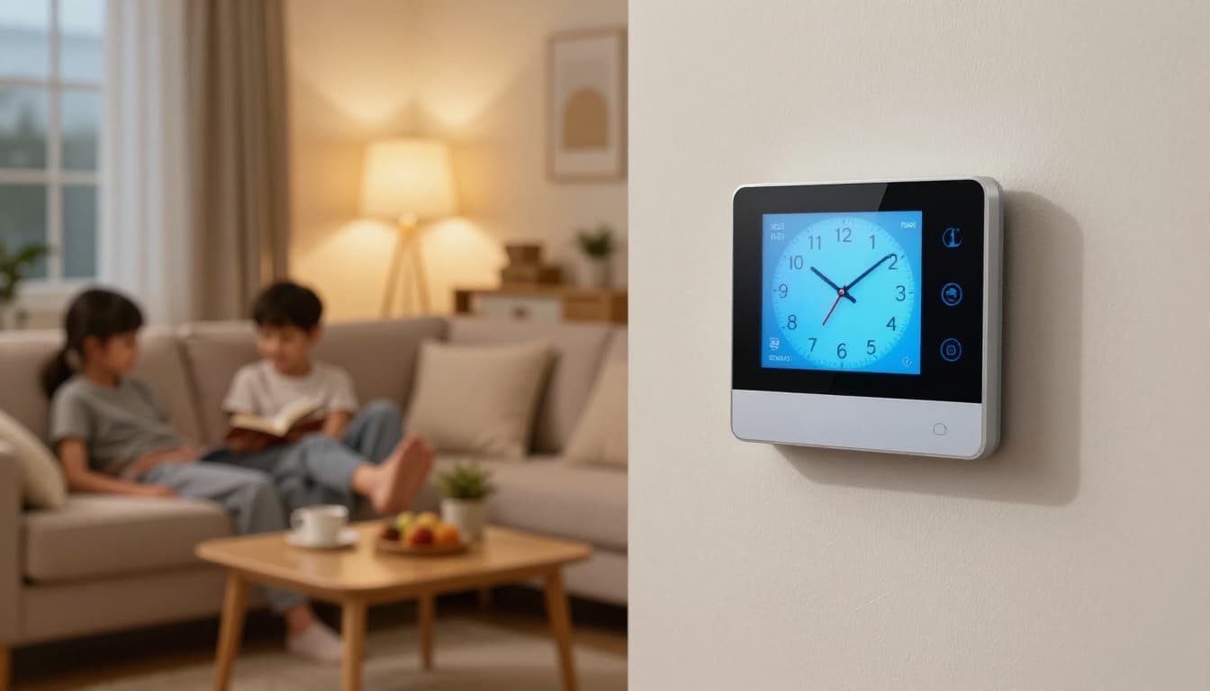 A modern smart thermostat on a living room wall displays a clock amid a cozy home interior with soft lighting from adjusted smart lights and a family relaxing on the couch in the background.