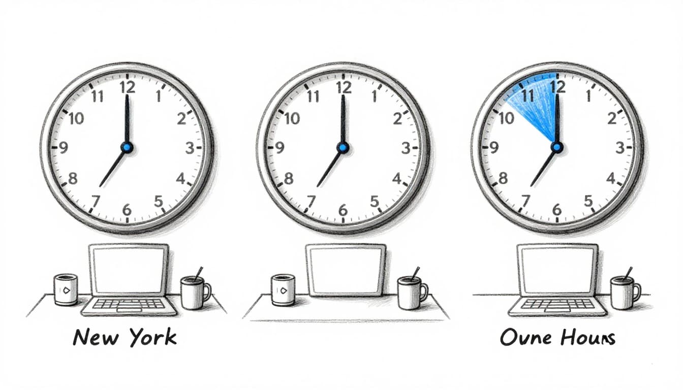 Hand-drawn graphite sketch of three analog clocks side by side for New York, London, and Bangkok time zones, with shaded overlap section in the middle clock showing common hours, office desks and laptops in background.