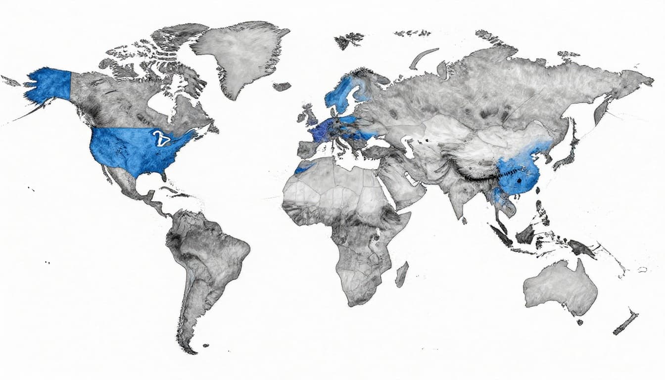 Hand-drawn sketch of a simplified world map outline highlighting continents and shaded regions for countries not observing Daylight Saving Time, including most of Africa, Asia giants, Russia, Hawaii, Arizona, and Argentina, with a prominent equator line.