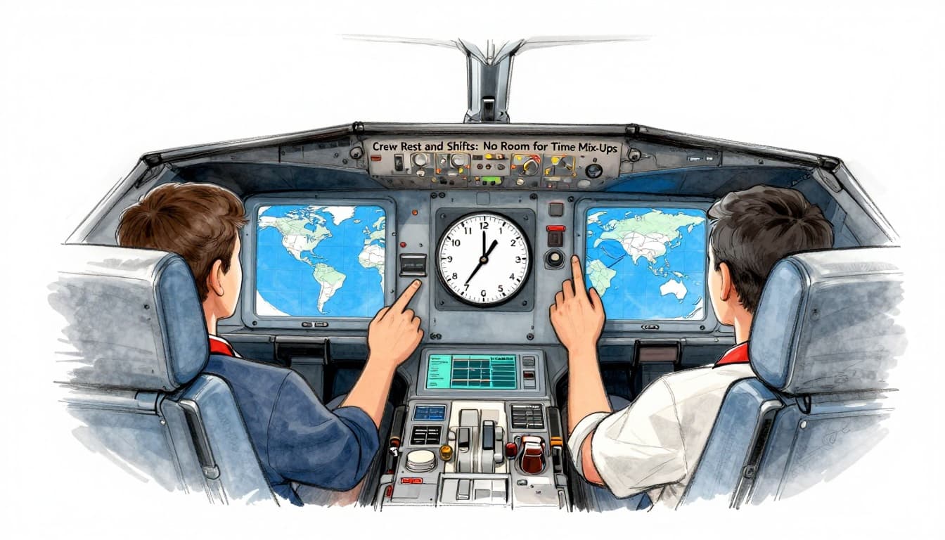 Hand-drawn graphite sketch of an airplane cockpit interior where two pilots adjust clocks on the panel mid-flight, with a world map screen displaying time zone crossing.