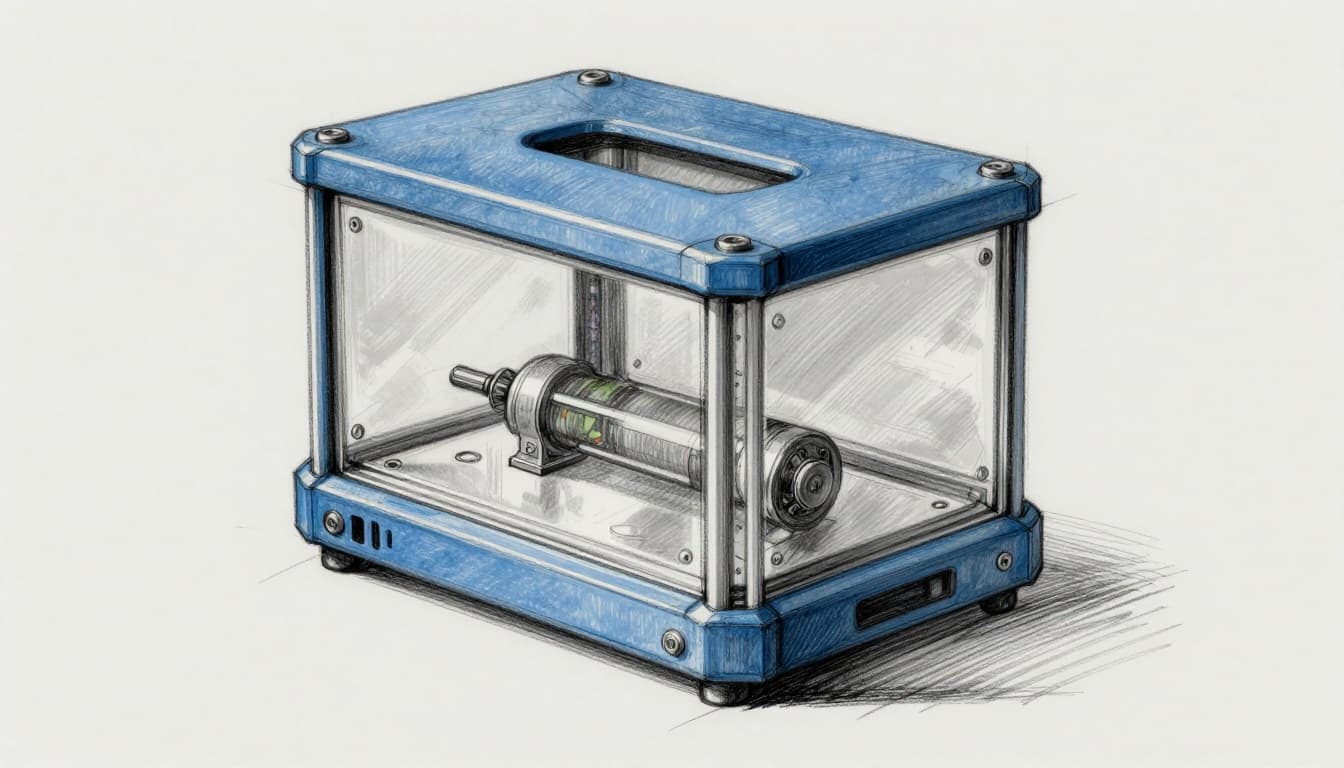 Hand-drawn sketch of a portable optical clock housed in a rugged field enclosure, with laser-cooled atoms visible in a transparent chamber for compact outdoor deployment.