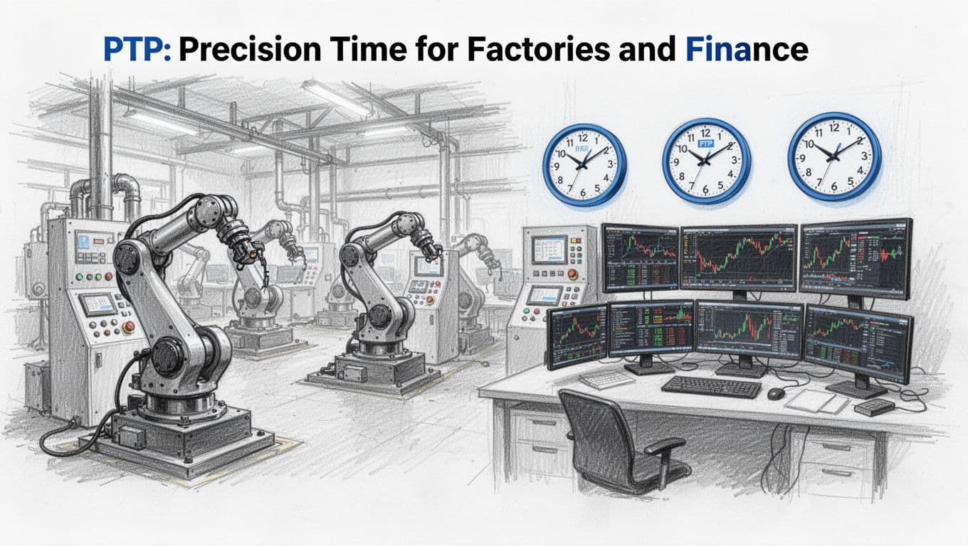 Hand-drawn sketch depicting an industrial factory floor with robotic arms and control panels alongside a finance trading desk with multiple screens, all featuring synchronized clocks in a busy scene.