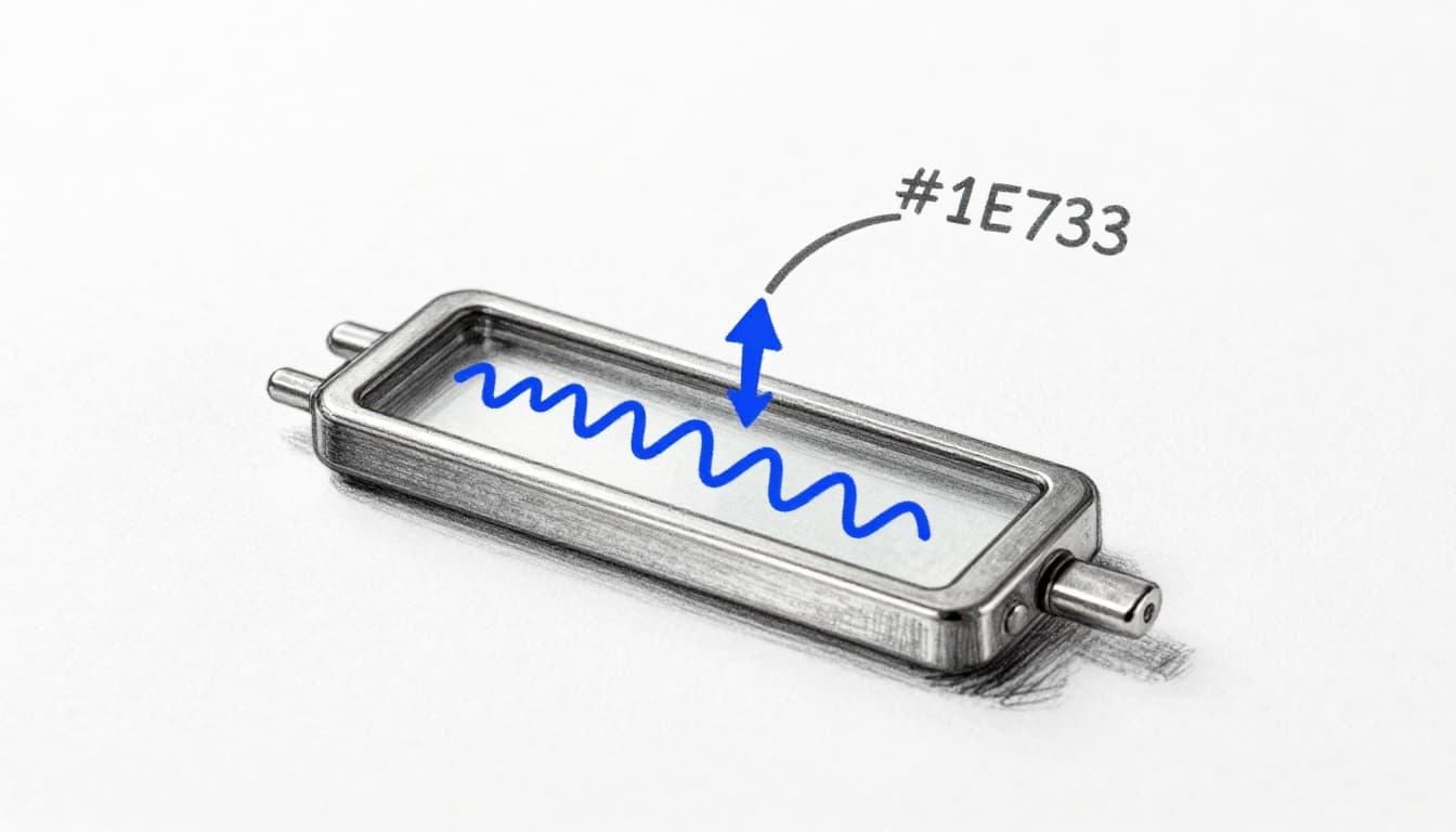 Hand-drawn graphite sketch of a quartz crystal oscillator in a digital watch case, with slowing vibration lines due to nearby thermometer heat illustrating frequency drift.
