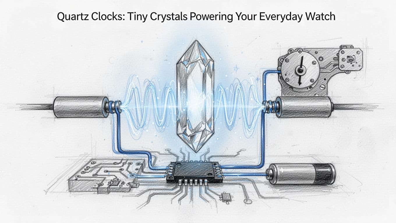 Hand-drawn sketch of a quartz crystal vibrating rapidly between electrodes, connected to a circuit chip, battery, and stepping motor for clock hands, featuring graphite linework and subtle glow.