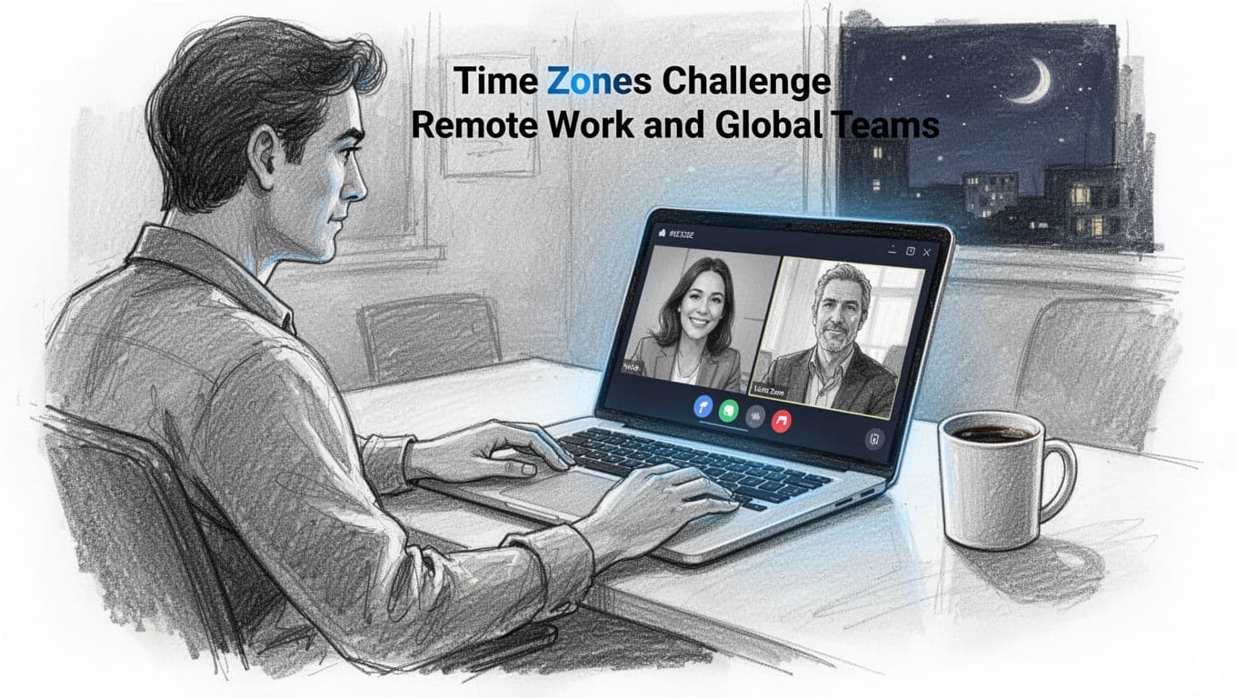 Hand-drawn sketch of a remote worker in a dim office on a late-night video call with a colleague in a different time zone, featuring a glowing laptop screen, coffee mug, and relaxed pose on a clean white background.