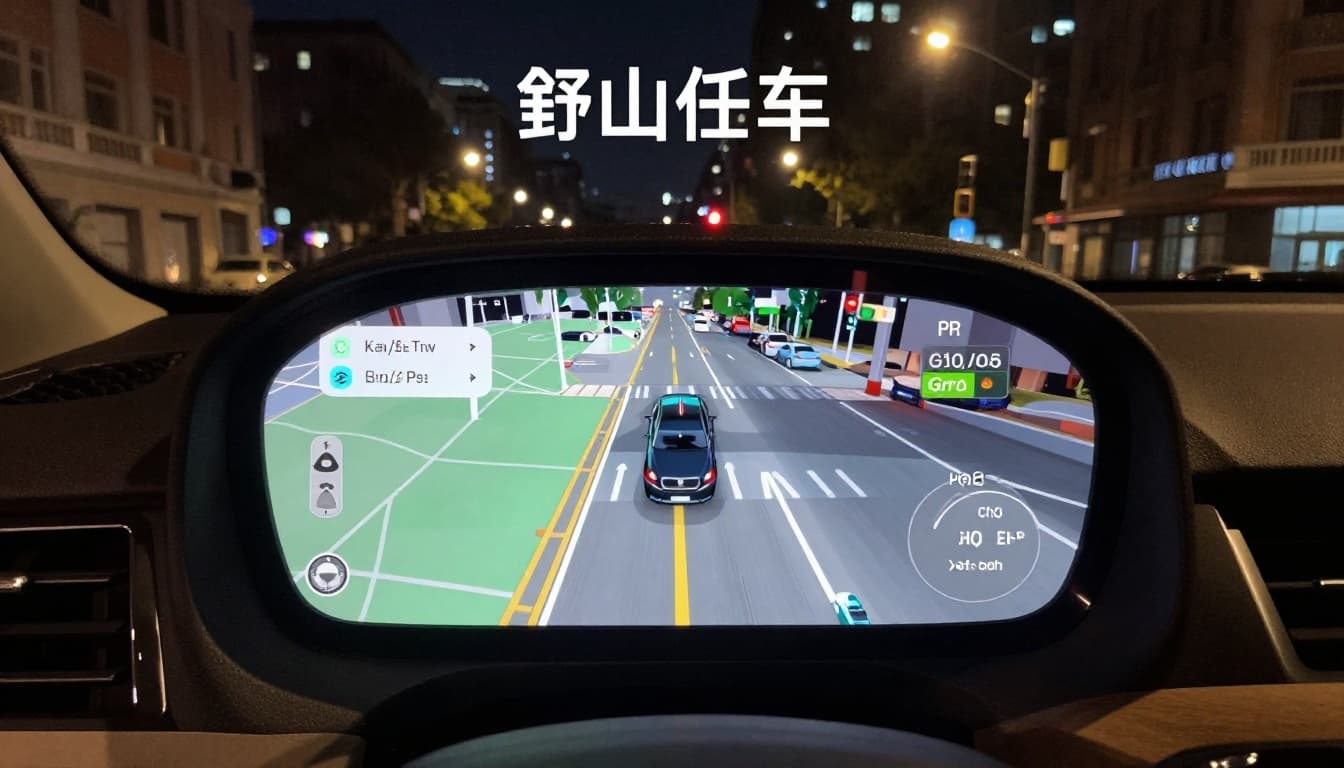 Self-driving car navigating a city street at night, relying on GPS timing with dashboard showing precise map position amid urban traffic lights and buildings in realistic photo style.