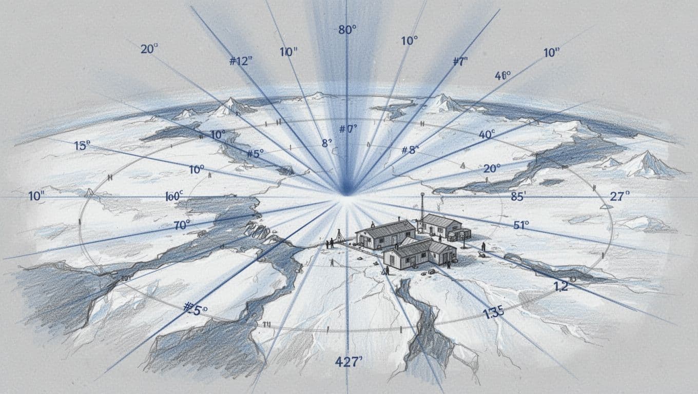 Hand-drawn graphite sketch of converging longitude lines at the South Pole over the Antarctic ice sheet, featuring simple research station huts with light shading. Aerial landscape view on light gray background illustrates time zone convergence at the pole.