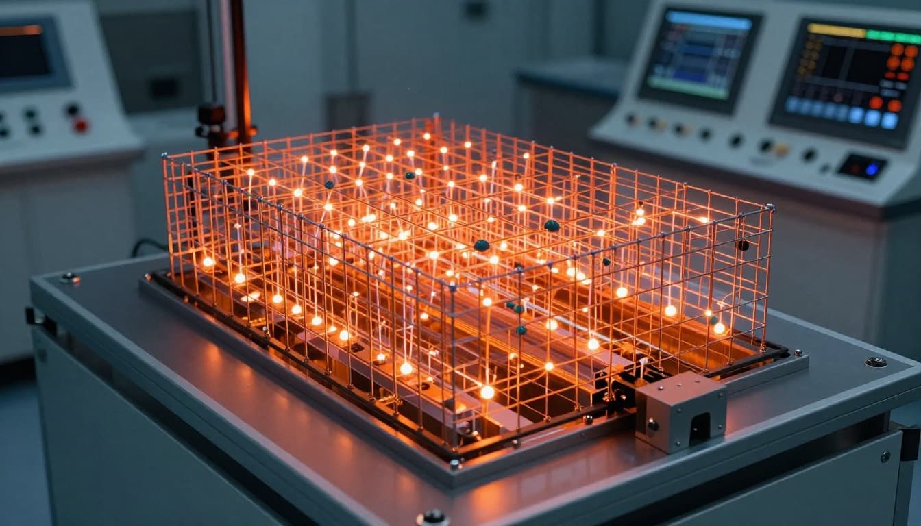 Strontium atoms glow orange while trapped in a laser-formed grid cage within a vacuum chamber of a futuristic optical lattice clock setup. Dynamic lighting highlights the high-tech atom trap mechanism and control panels for ultra-precise timekeeping.