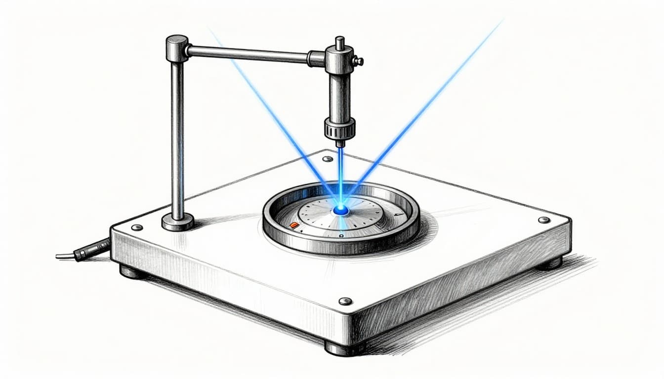 A detailed hand-drawn sketch of a strontium optical clock in a lab, featuring laser beams cooling atoms in a vacuum chamber, single ion trap, and precise optical components on an optical table.