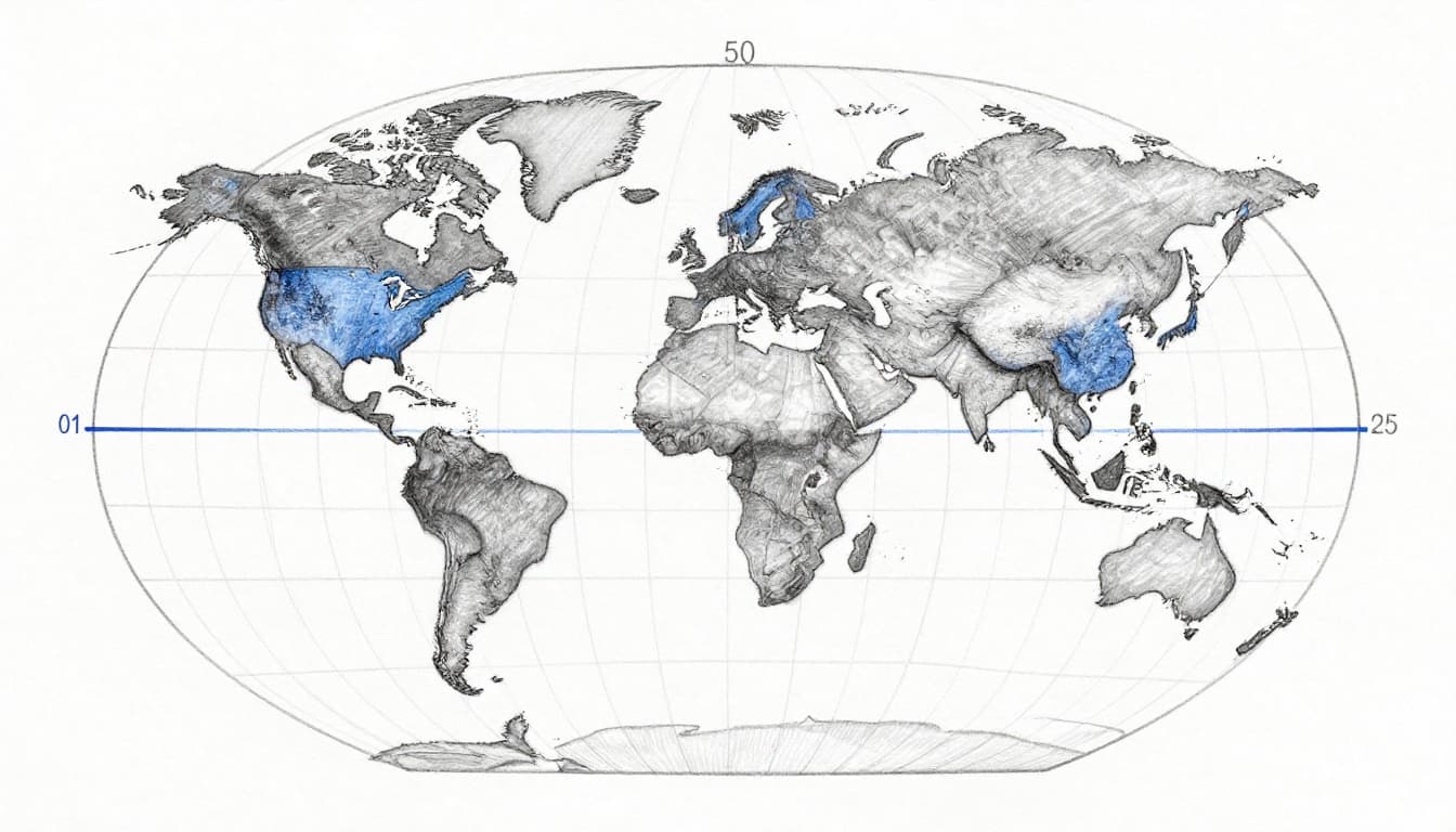 Hand-drawn graphite pencil sketch of Earth globe tilted at 30 degrees, showing equator, Prime Meridian, longitude lines every 15 degrees, and faint 24 time zone boundaries with subtle 24 time zone boundaries with subtle continent shading on light gray textured paper.