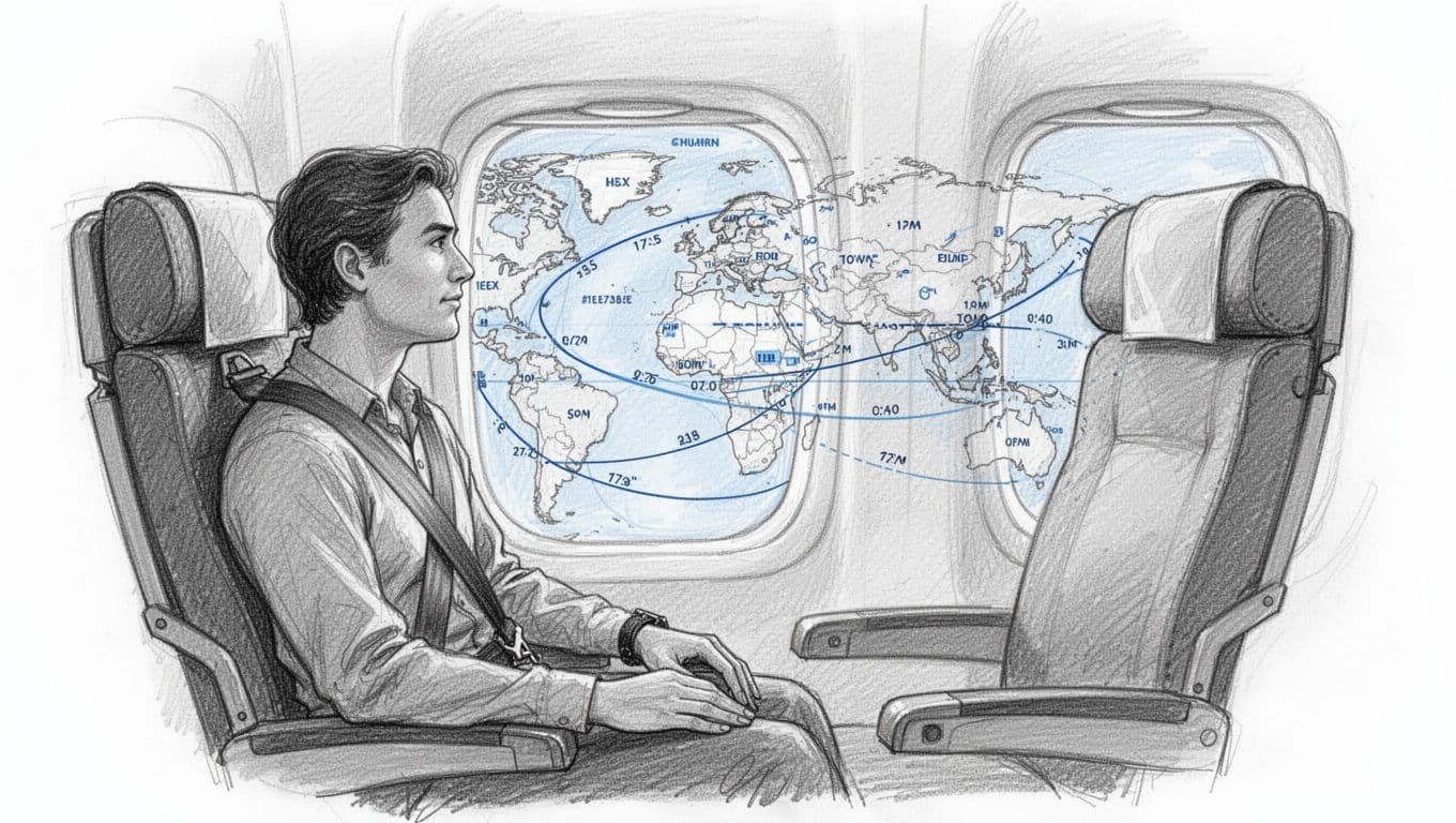 Hand-drawn sketch of a relaxed traveler in an airplane, looking out the window at a subtle Earth map marked with time zones, seatbelt fastened, hands in lap, clean white background.