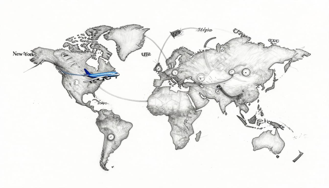 Hand-drawn graphite sketch on white paper showing a world map with curved flight paths connecting New York, London, and Tokyo; UTC clock icons at major cities displaying the same time; airplane over the Atlantic with accent color.