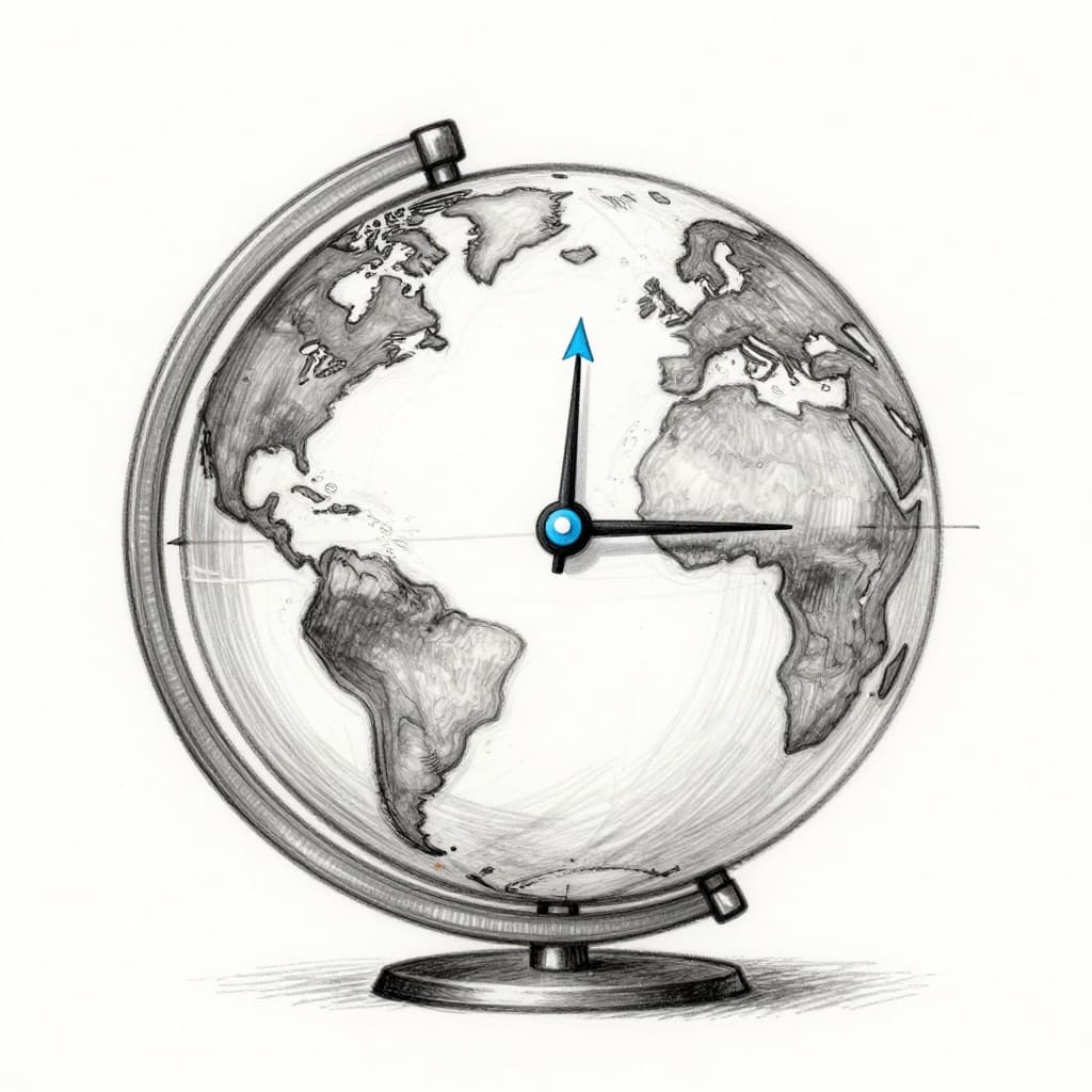 Hand-drawn sketch of a side-view Earth globe with irregular wobbling rotation arrow beside a precise atomic clock featuring a subtle leap second indicator, graphite linework on white background.